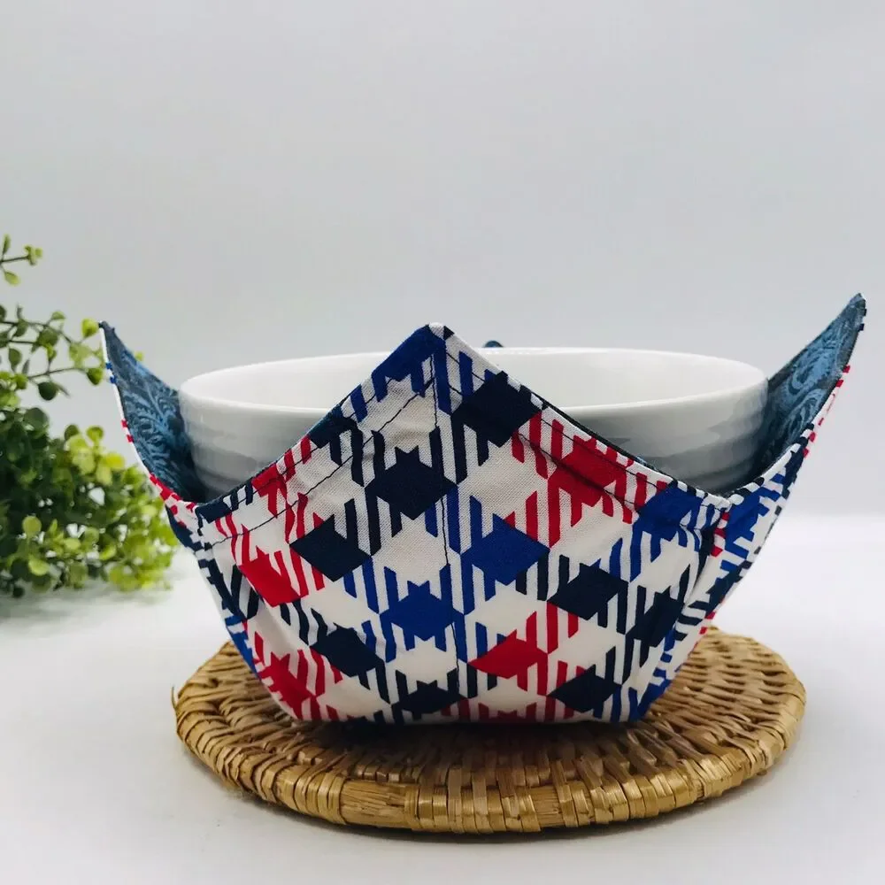 Microwave Soup Bowl Cozy Holder, Reversible, Red, White, Blue, Patriotic July 4